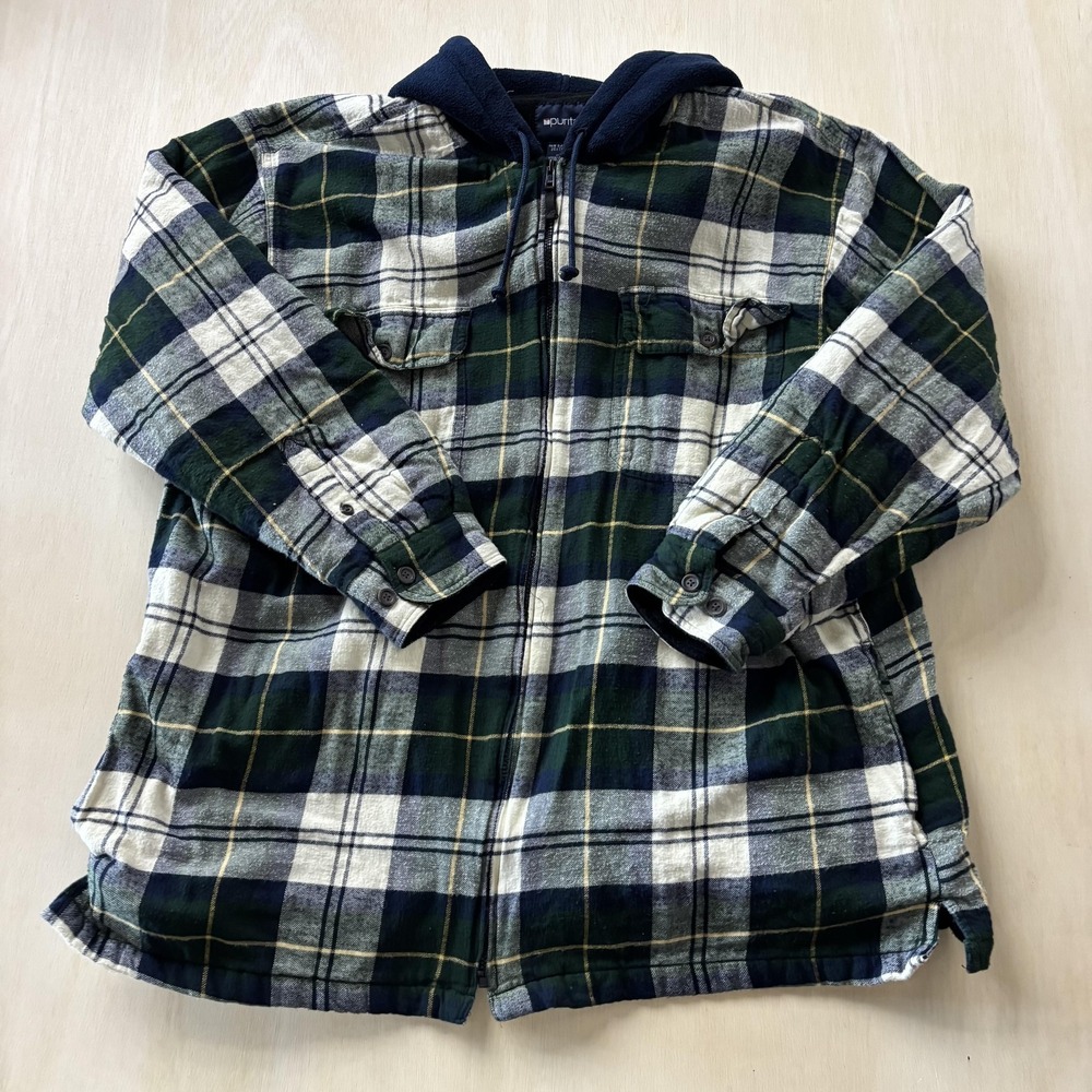 Vintage Puritan Jacket Mens 2XL Green Plaid Hooded Flannel Fleece Lined Workwear